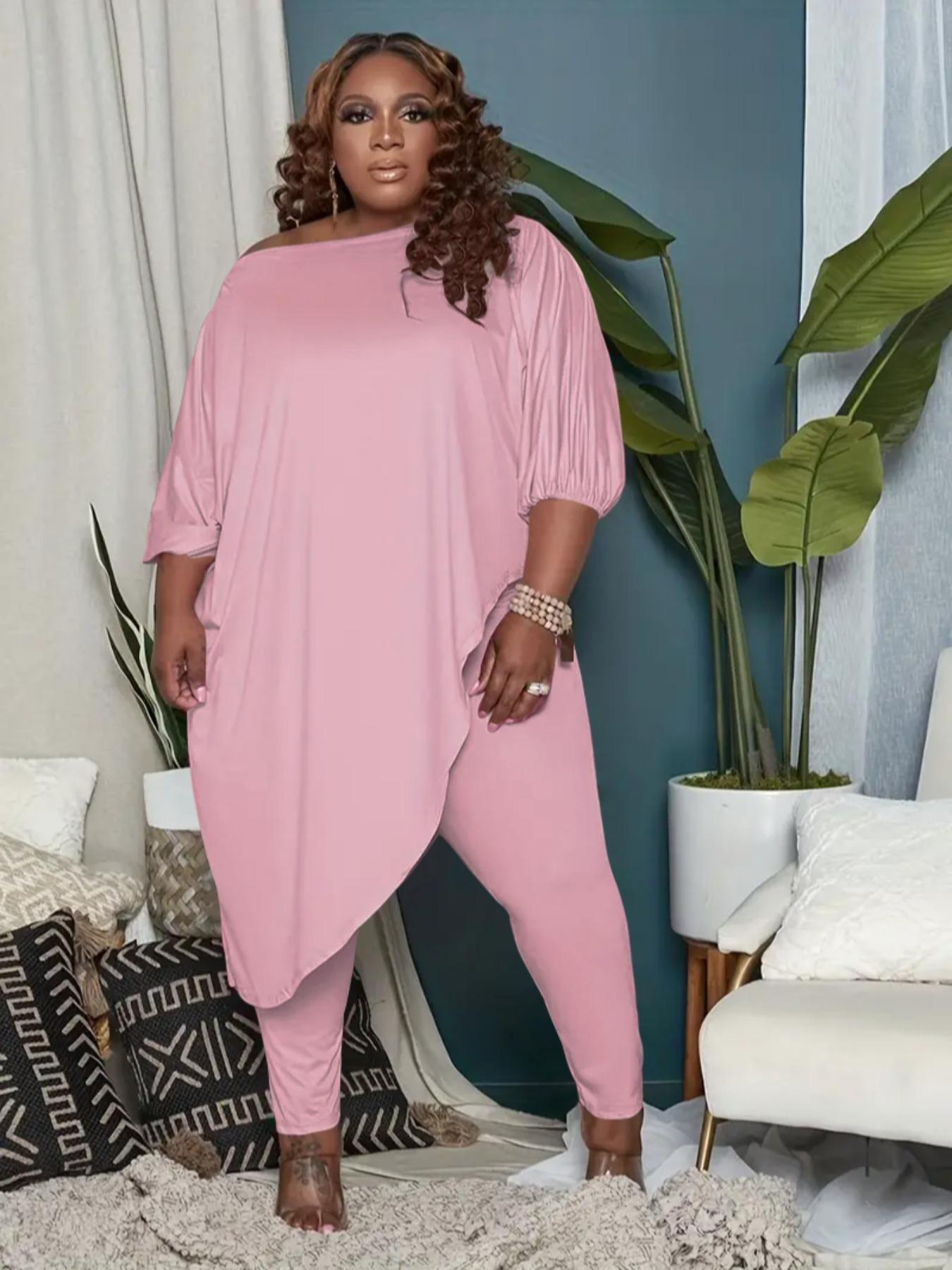 【Plus Size】 Women's Two-Piece Set Asymmetrical Hem Lantern Sleeve Top & Elastic Waist Pants, Casual Three Quarter Length Sleeve Boat Neck Top & Trousers for Daily Wear, Women's Two-piece Outfits for Fall & Winter, Clothes