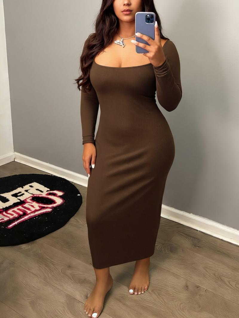 Women's Casual Tight-Fitting Dress, Low Neckline, bodycon dress，Plain Color, Spring & Fall Fashion, Moderate Fabric Thickness, Kint Style