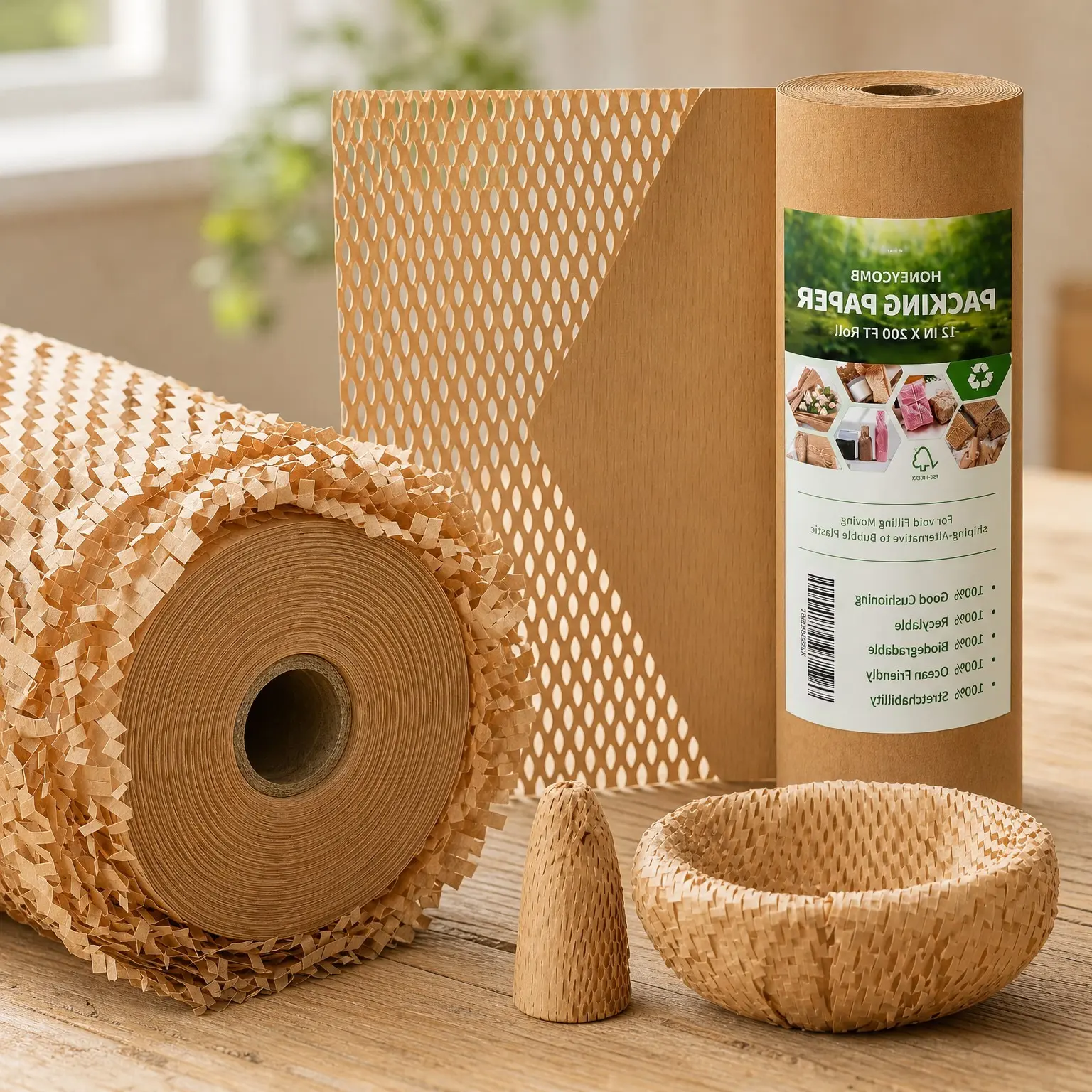 Honeycomb Packing Paper 12 inch x 200 ft - Bubble Cushioning Wrap for Moving, Gift Wrapping, Recyclable Biodegradable Shipping Packing Materials with 20 Fragile Sticker LabelsGift