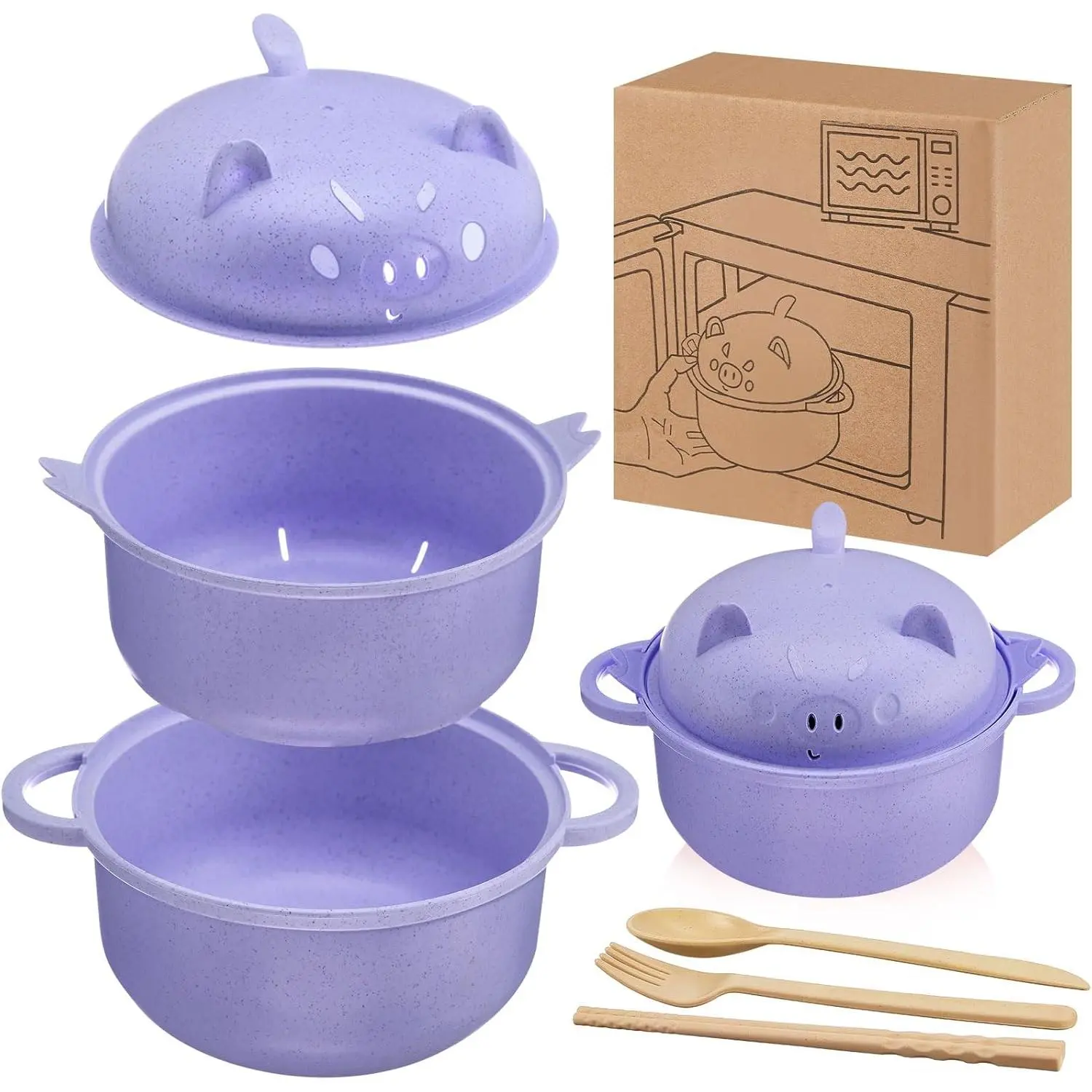 45 oz Piggy Bowls Set, Microwave-Safe Instant Noodles Cooker with Strainer Lid, Handle, Spoon, Chopsticks & Fork, Complete Set for Home Dorm Use