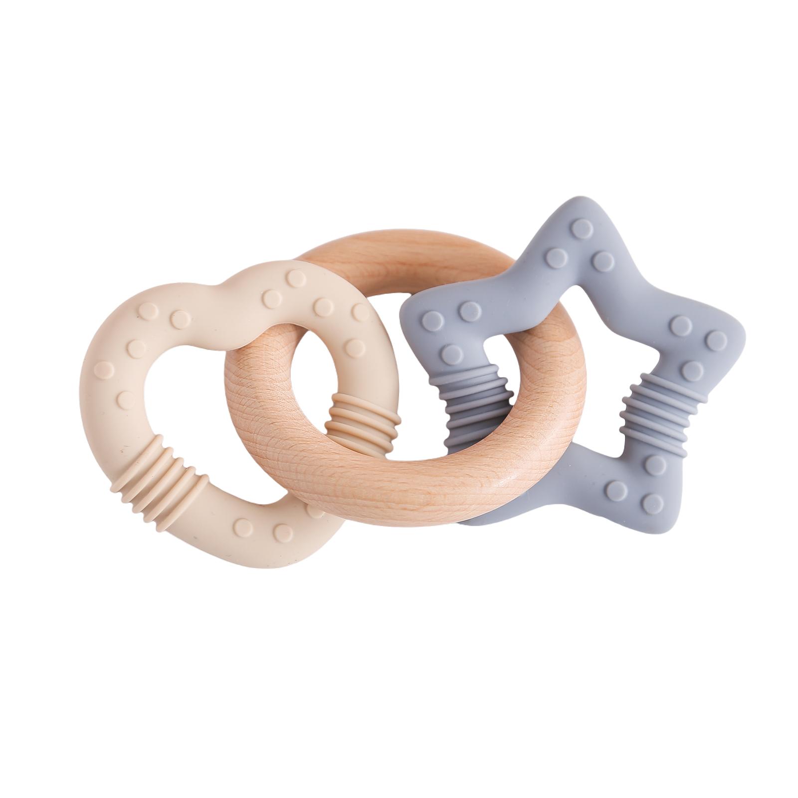 Baby Silicone Wooden Teething Toy, Heart Star Multi Texture Chewable, Infant Soothing Teether, Anti-Sucking Educational Rattle Gift