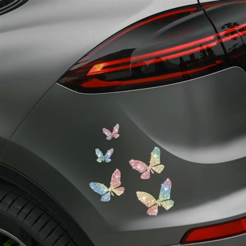 1pc Five Glittering Butterflies Car Stickers - Glittering Vinyl Stickers Suitable For Home Windows Glass Vanity Mirrors Refrigerators Laptops And Car Body Decorations Easily Removes Without Leaving Adhesive Residue When You Want To Change The Style