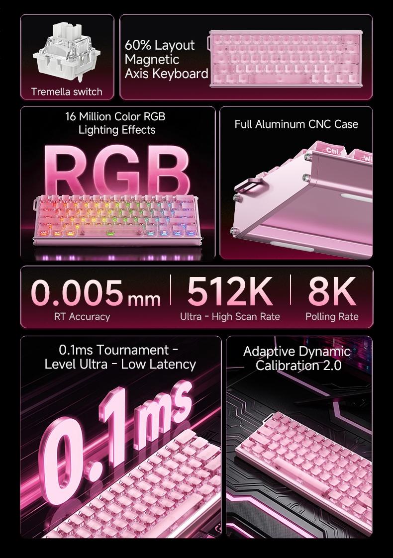 AJAZZ ALUX60 TITAN wired esports gaming mechanical keyboard silver ear switch pink transparent keycap 8K return rate wired plug and play computer office keyboard RGB DIY support multiple systems suitable for gaming and office