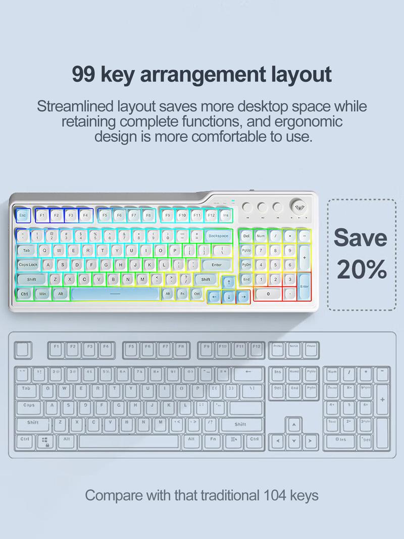 AULA F3099 membrane keyboard, features a 99-key layout, cool lighting effects, RGB Backlight Keyboard, supports wired and wireless connectivity, a 2000mAh rechargeable battery, quiet key presses, and compatibility with Windows/Mac/iOS devices. office use.