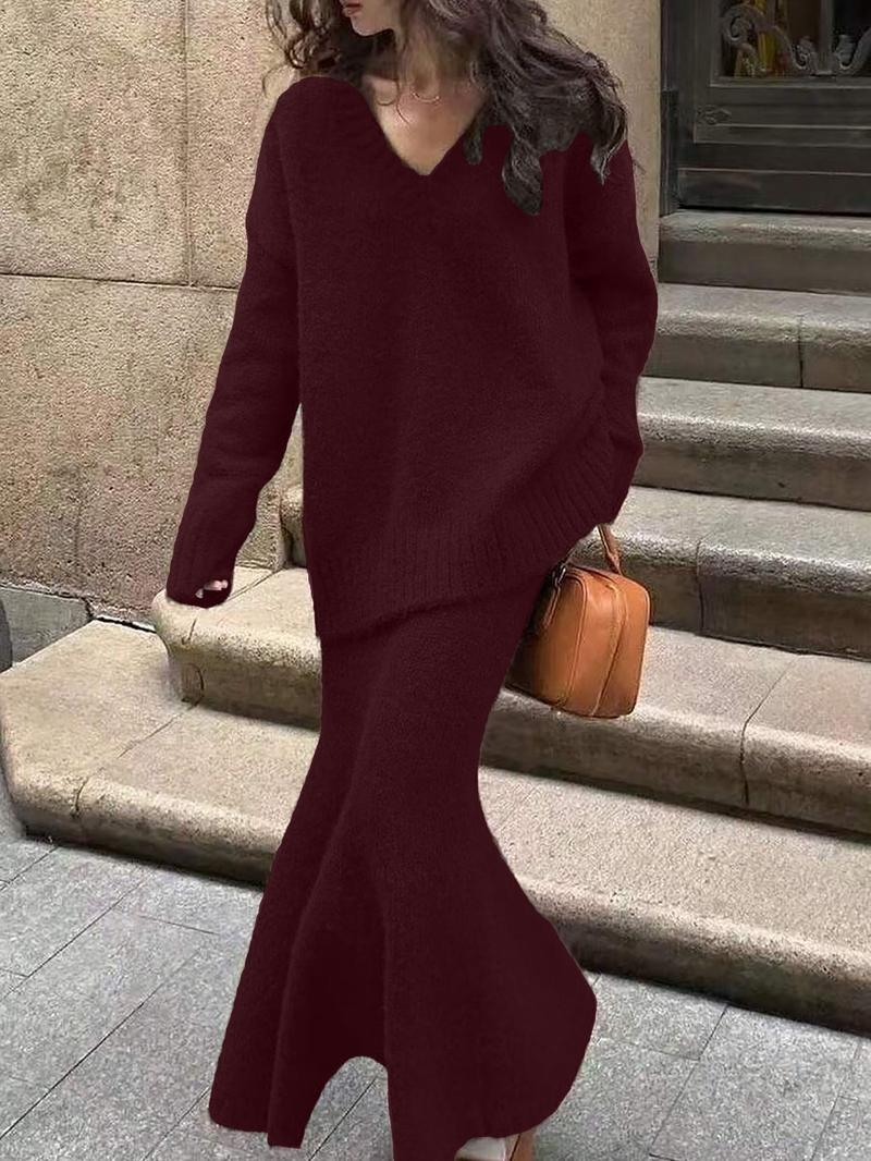Women's V-Neck Sweater Dress Set, Casual Fashion Two-Piece Knitwear, Autumn Winter New Arrival, Comfortable and Elegant Style