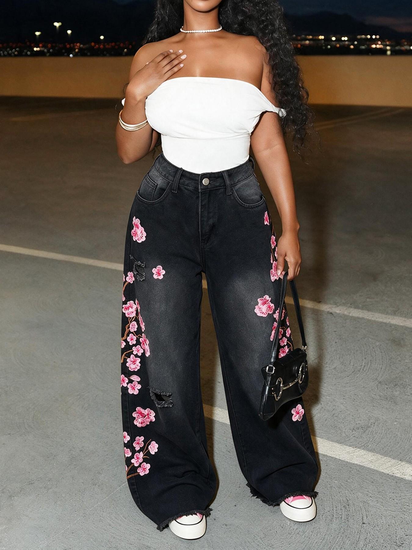Pink Cherry Blossom Embroidered Wide Leg Jeans Women | High Waisted Baggy Denim Pants with Raw Hem & Washed Finish – Perfect for Streetwear, Date Night & Festival Outfits Multiple color options available (Excluding belts and accessories)