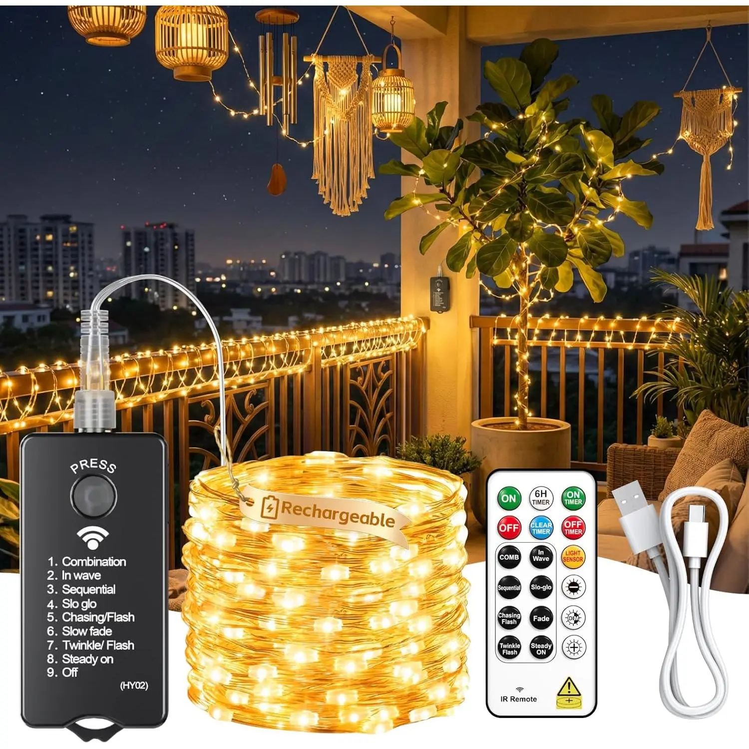 Rechargeable Fairy Lights,33ft 100 LED, Remote & DIY Timer | Light Sensor, , Dimmable, Outdoor  Operated String Lights for Trees, Christmas and Indoor Decor, Warm White