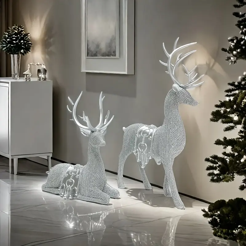 Product Introduction of Artistic Deer Statues Set of 2, Silver Color Glitter Details, Chip Carving Sculptures for Christmas Thanksgiving New Year Home Decor 5