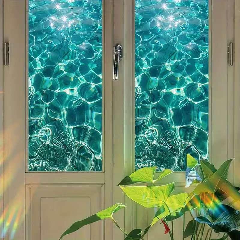 2D PVC Painted Glass Film, Reusable Blue Wave Wallpaper, Easy Removal, Ideal for Living Room, Bathroom, Bedroom, Office Decor
