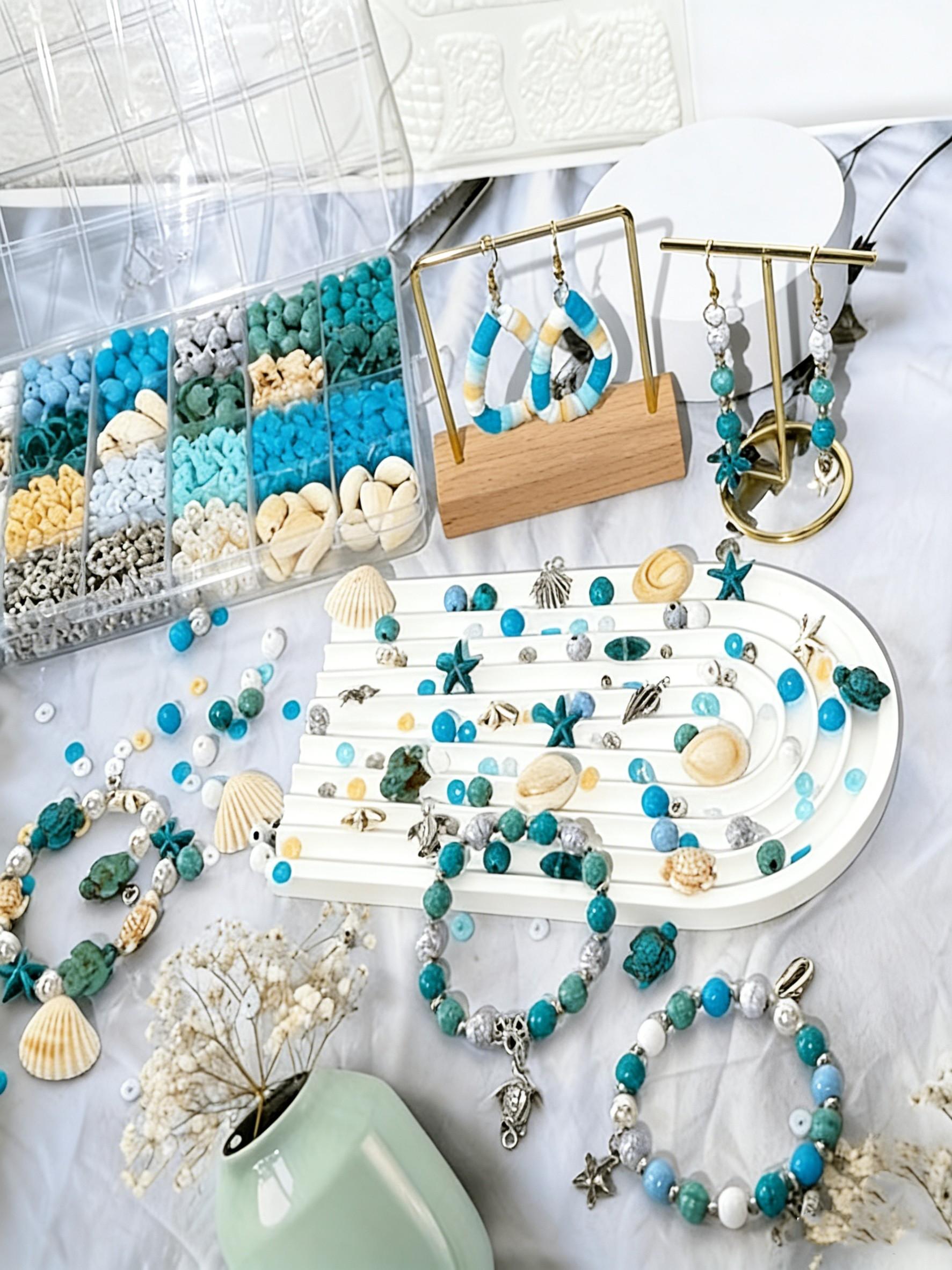 24 Grid 1200pcs Ocean Theme Acrylic Bead Set, DIY Jewelry Making Kit, Bracelet Necklace Craft Supplies, Includes Large Storage Box
