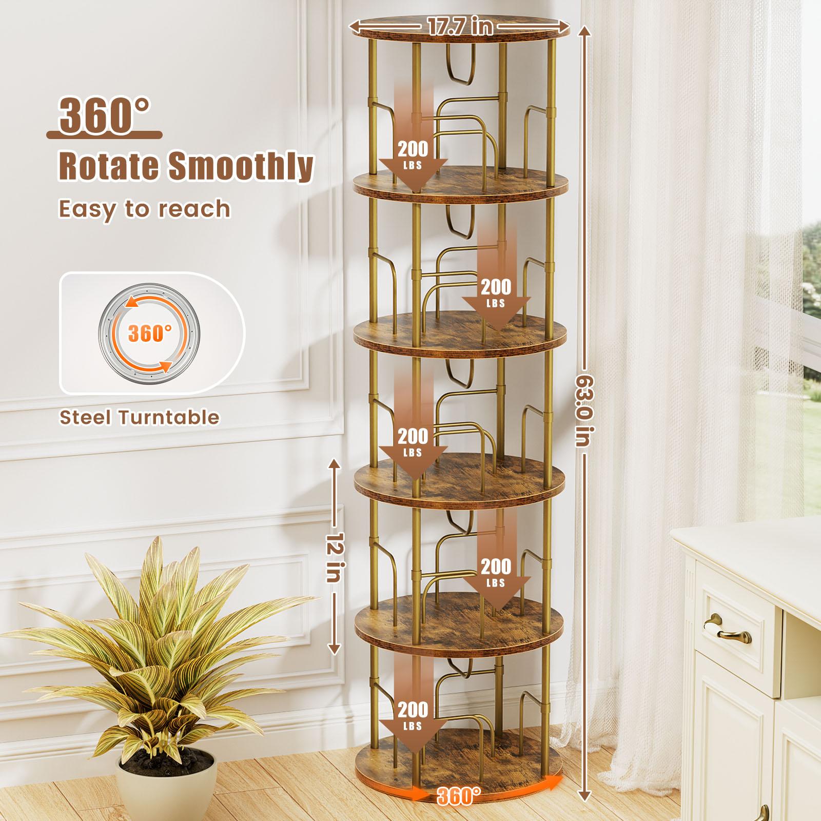 Flycity Rotating Bookshelf,3 Tier - 5 Tier Spinning Bookshelf Tower,360° Display Floating Shelves,Floor Standing Corner Racks Furniture Storage Organizer Design Round Modern floating shelves Adjustable Height Chair