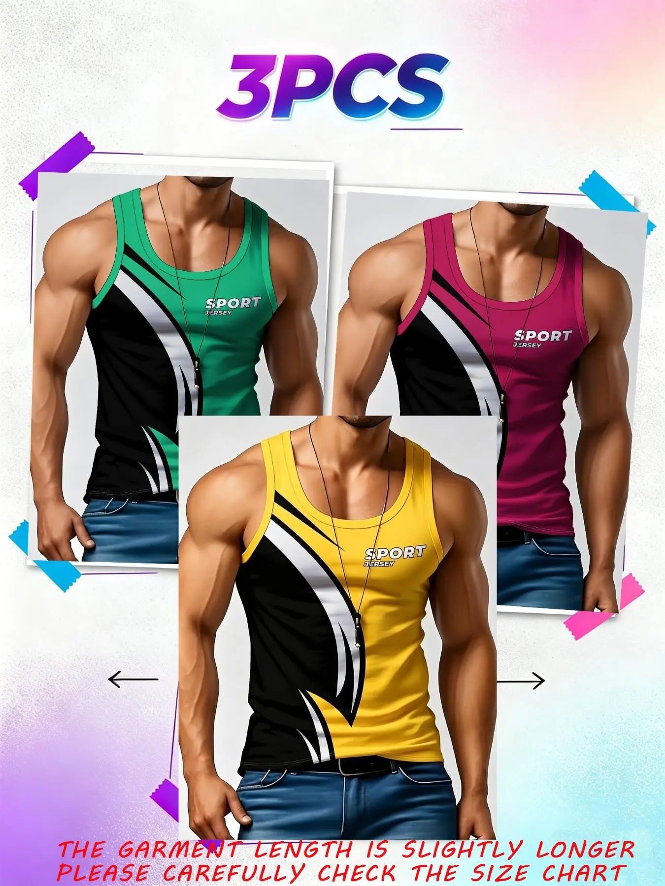 3-Pack Men's Latest Tank Tops, Basketball Sleeveless Shirts, Fashion Print Long Sleeveless Casual Wear, Breathable Comfortable Fit, Perfect for Daily & Trendy