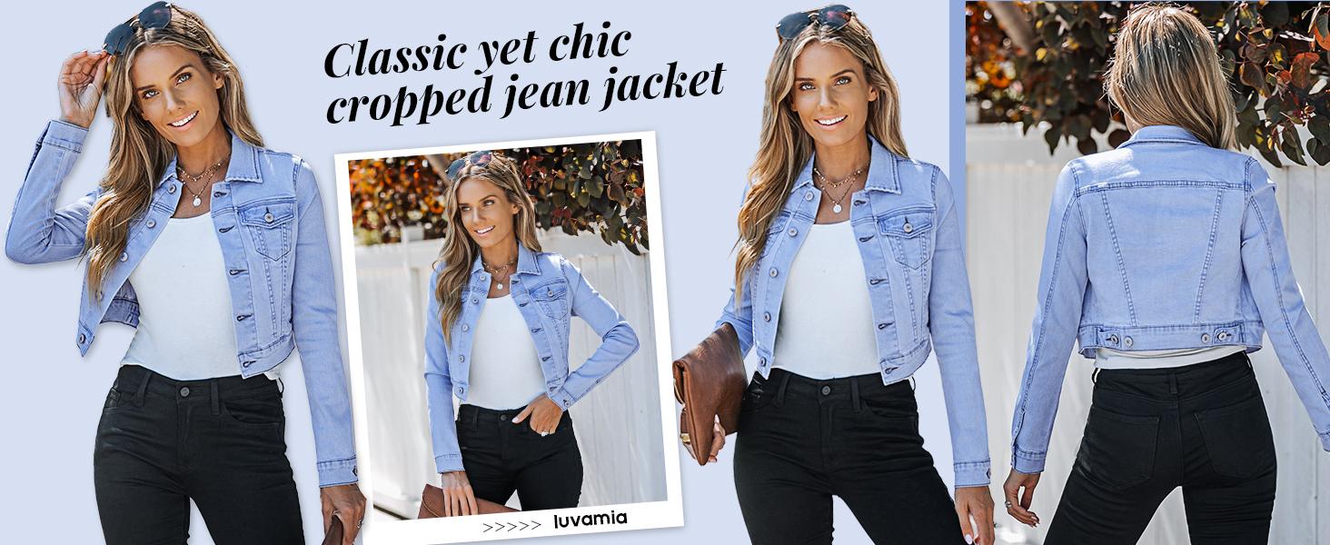 Luvamia Cropped Jean Jackets for Women Fashion Short Denim Shacket Jacket Lightweight Fitted Stretchy with Pockets Casual Long Sleeve Outerwear