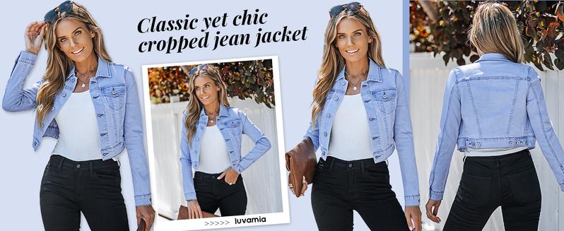Luvamia Cropped Jean Jackets for Women Fashion Short Denim Shacket Jacket Lightweight Fitted Stretchy with Pockets Casual Long Sleeve Outerwear