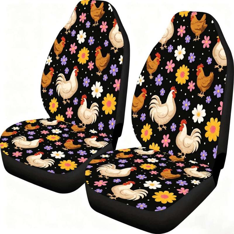 Two-piece colorful little chicken flower car seat covers, suitable for the front seats, with a high backrest design, high-quality fabric, compatible with sedans, SUVs and trucks, women's car accessories, Christmas Eve horror.