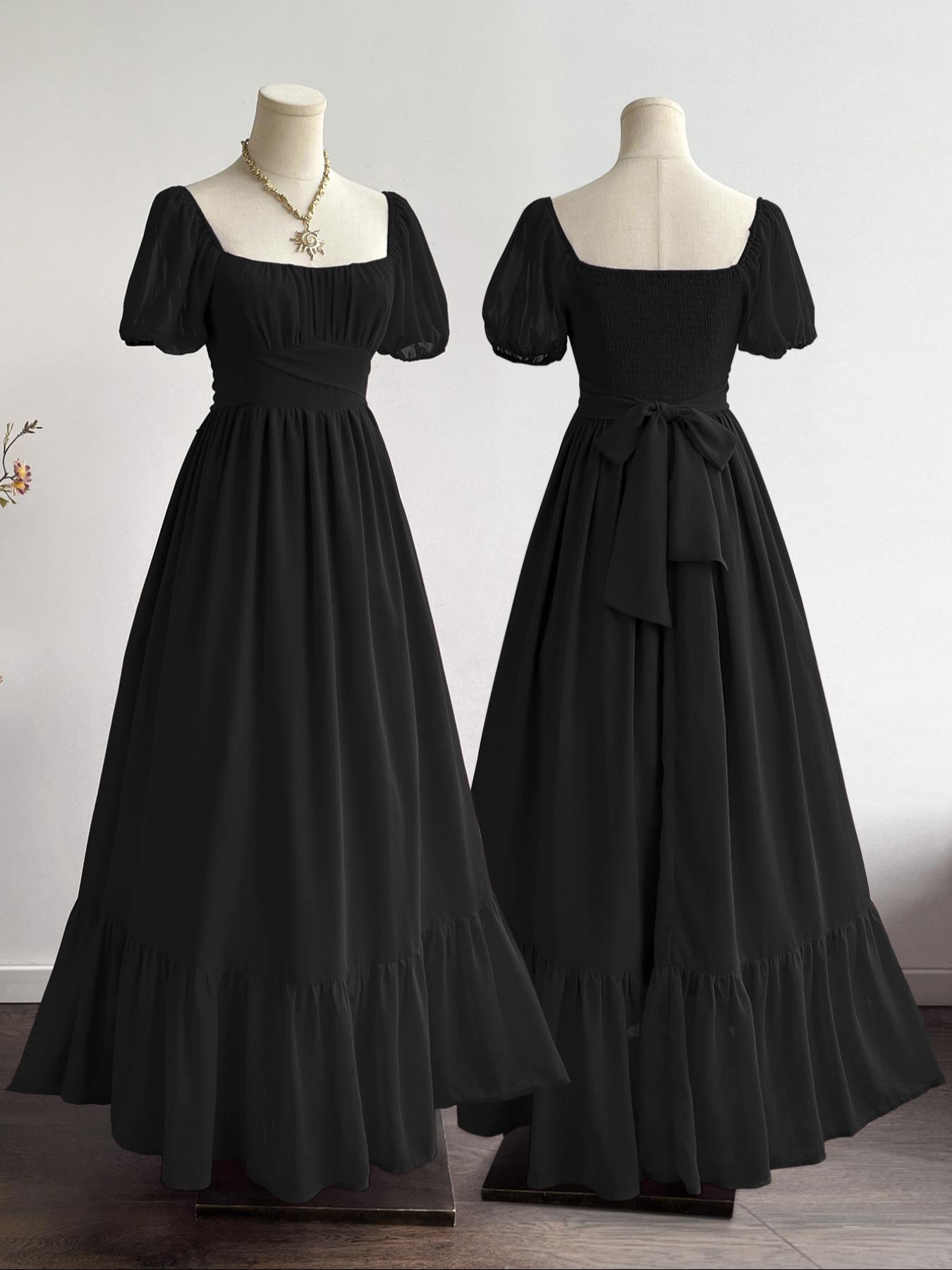 Women's Bohemian Vacation Elegant Chic Casual Waist-Tied Chiffon Woven Floral Long Short Sleeve Ruffle Hem Dress, All Seasons Fitted Style