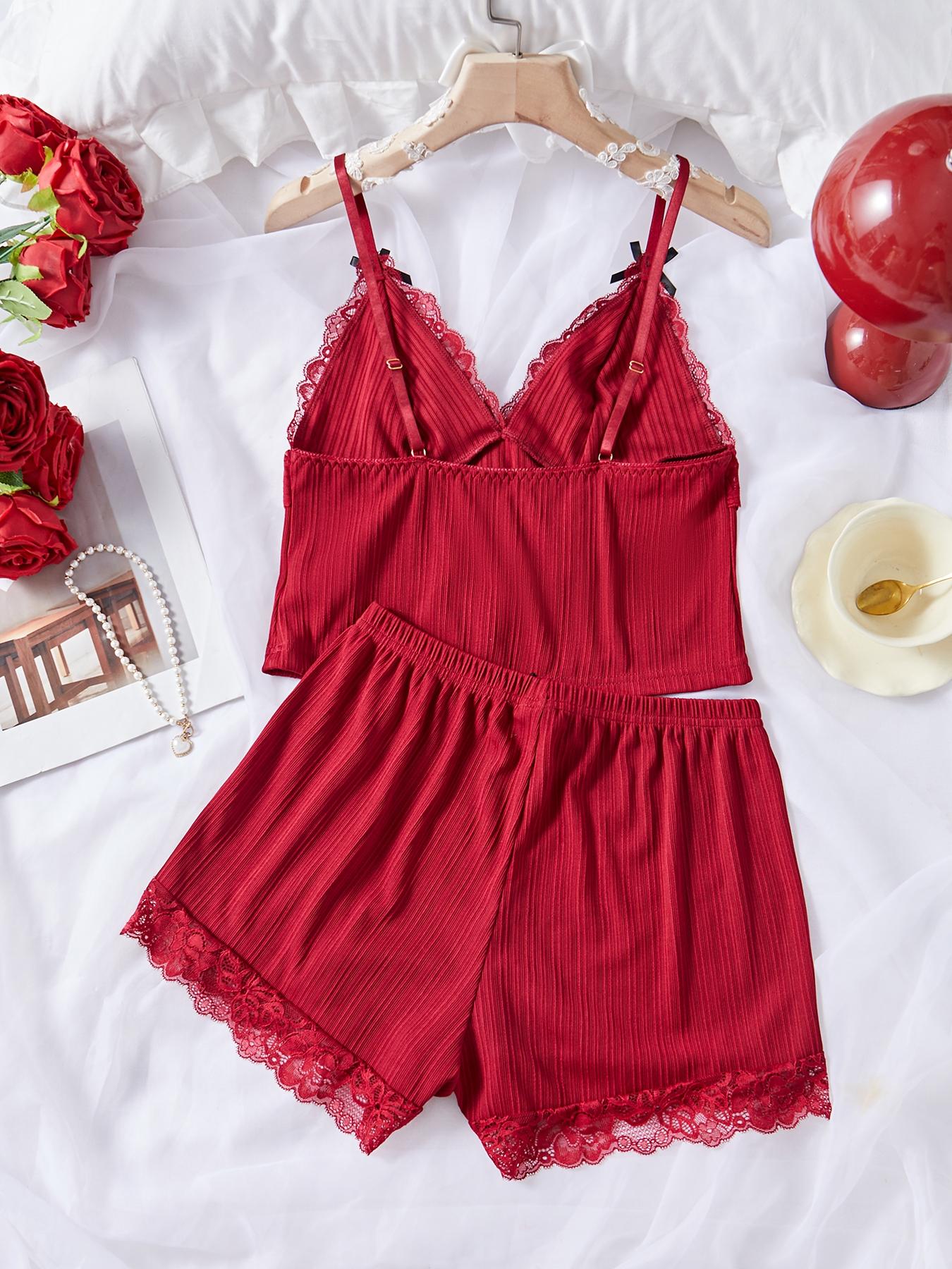 Women's Contrast Lace Bow Decor Ribbed Pyjama Two-piece Set, Cute Elegant Adjustable Spaghetti Strap Ruffle Trim Crop Camisole & Elastic Waist Shorts Pj Set, Ladies Sleepwear for All Seasons, Aesthetic Womenswear, Lingerie Nightwear