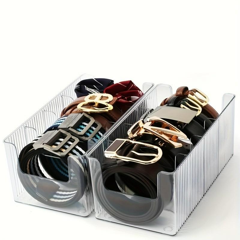 High Capacity Transparent Plastic Belt Organizer Box, 4 Compartments with Removable Dividers, Desktop Makeup Storage Shelf