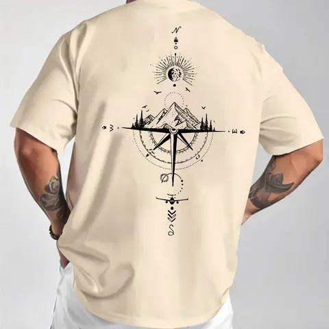 Men's Mountain-Print Round-Neck Tee, Regular-Fit Casual Short-Sleeve T-Shirt for Summer Outdoor Activities and Sports, Casual Sportswear, Casual Sports Top, Casual Wear Activewear