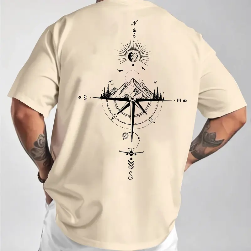 Men's Mountain-Print Round-Neck Tee, Regular-Fit Casual Short-Sleeve T-Shirt for Summer Outdoor Activities and Sports, Casual Sportswear, Casual Sports Top, Casual Wear Activewear
