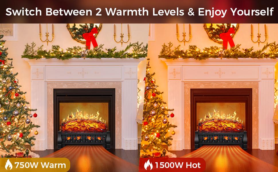 Electric Fireplace Insert Log Heater 21",750W/1500W Adjustable 5 Flame Brightness&Speed, Fireplace Insert with Realistic Ember Bed&Traditional Brown Log,Overheat Protection&Remote Control