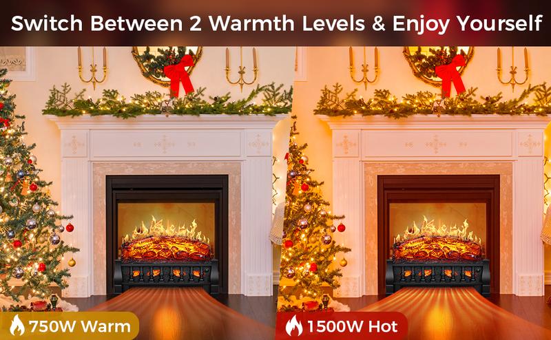 Electric Fireplace Insert Log Heater 21",750W/1500W Adjustable 5 Flame Brightness&Speed, Fireplace Insert with Realistic Ember Bed&Traditional Brown Log,Overheat Protection&Remote Control