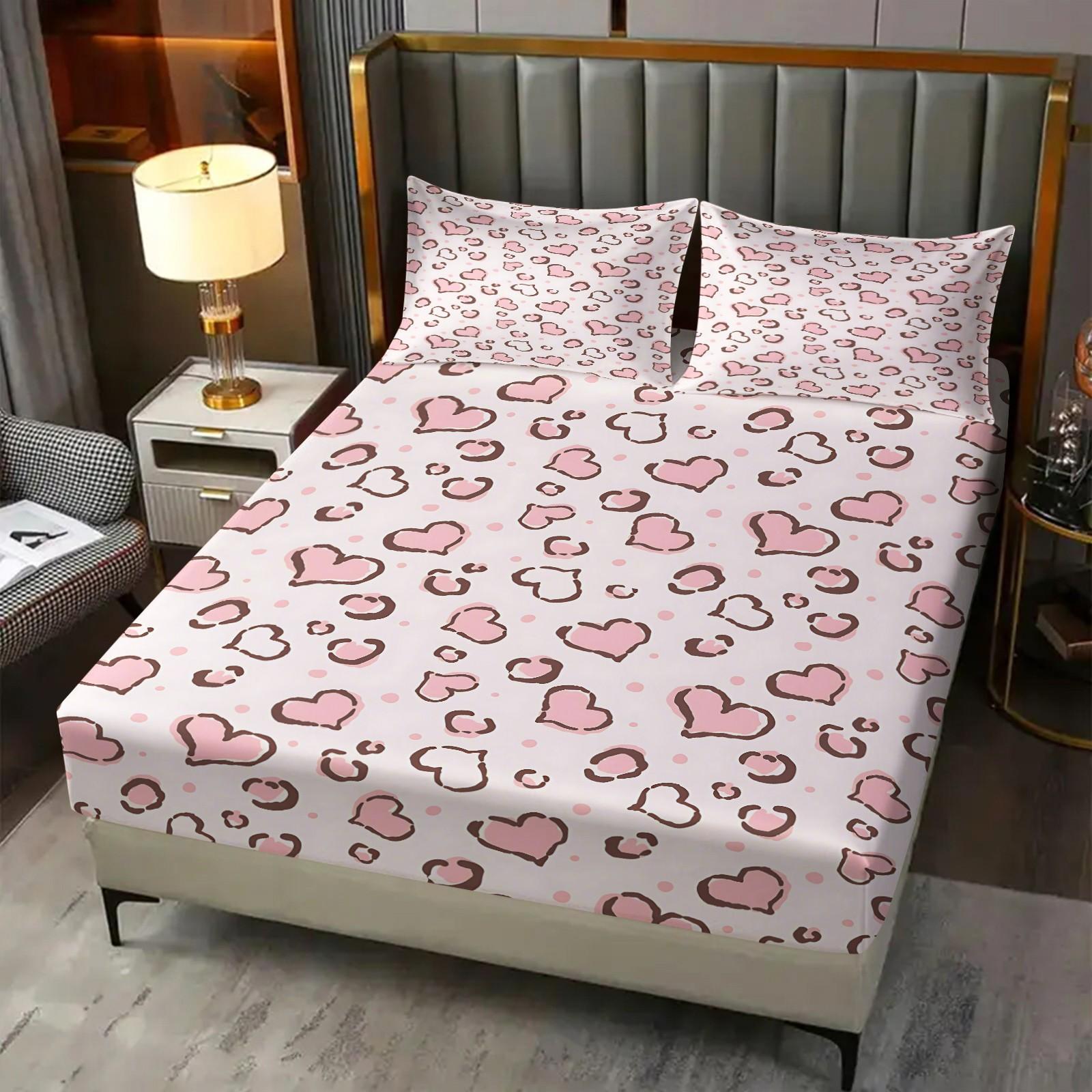 Soft heart-patterned fitted sheet set, Bedsheet, Includes 1 Fitted Sheet & 2 Pillowcases without Filler, Features an elegant color scheme, A stylish addition to your bedroom decor, Suitable for gifting or personal use, Multiple styles available