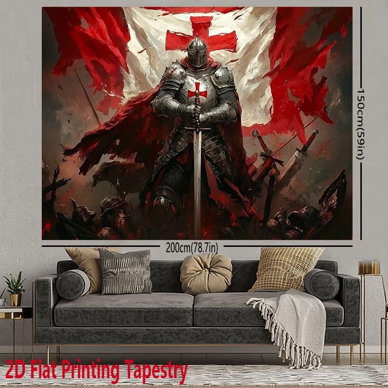 A 2D printed tapestry that is perfect for holiday party decoration. This polyester background fabric showcases medieval knight designs and Crusader patterns, suitable for hanging in various spaces such as homes.