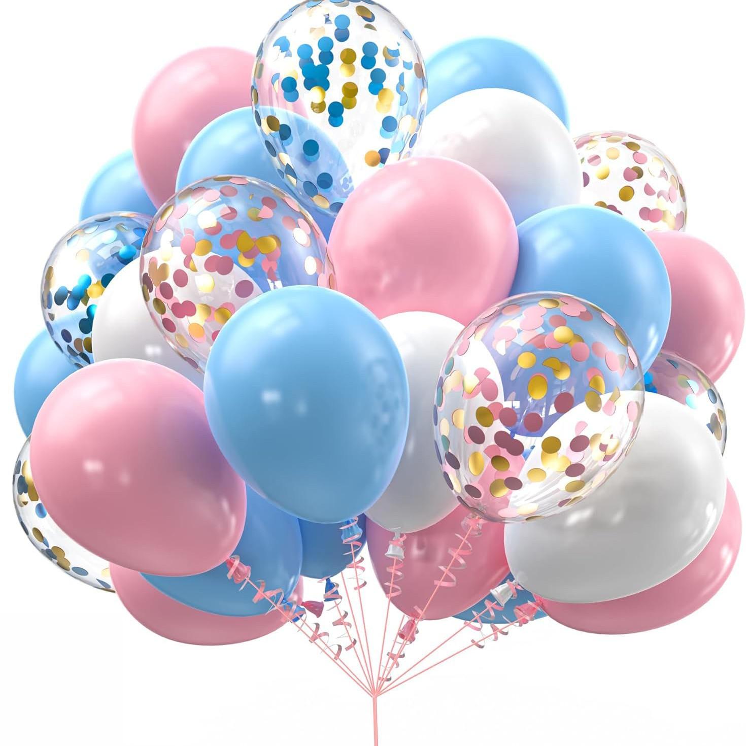 Pink blue white balloons, 40 12 inch pink blue and confetti latex balloons, used for birthday baby showers, gender revealing party supplies and decorations