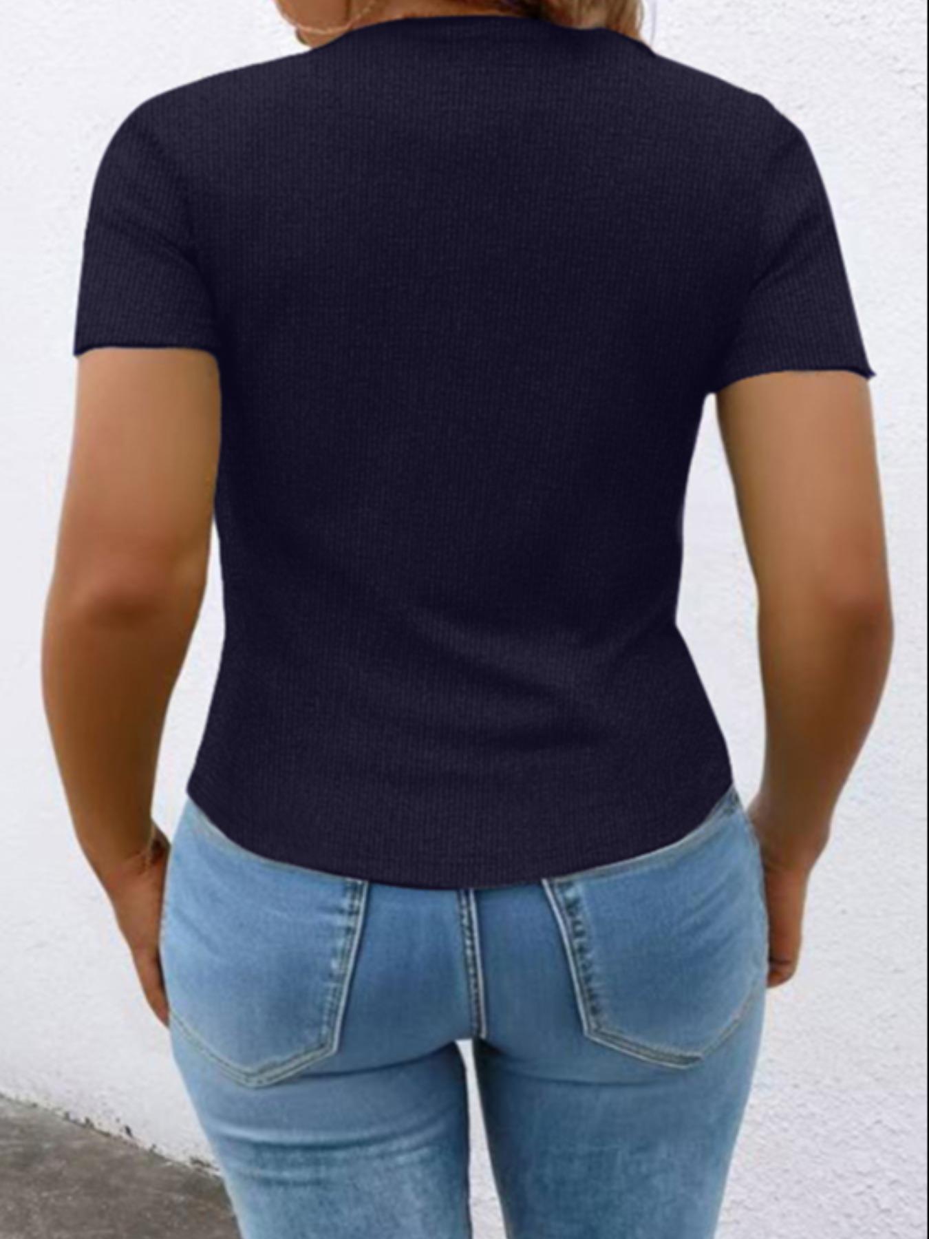 【Plus Size】 Solid Ribbed Short Sleeve Top, Casual Button Front Top for Summer, Women's Plus Clothing for Daily Wear