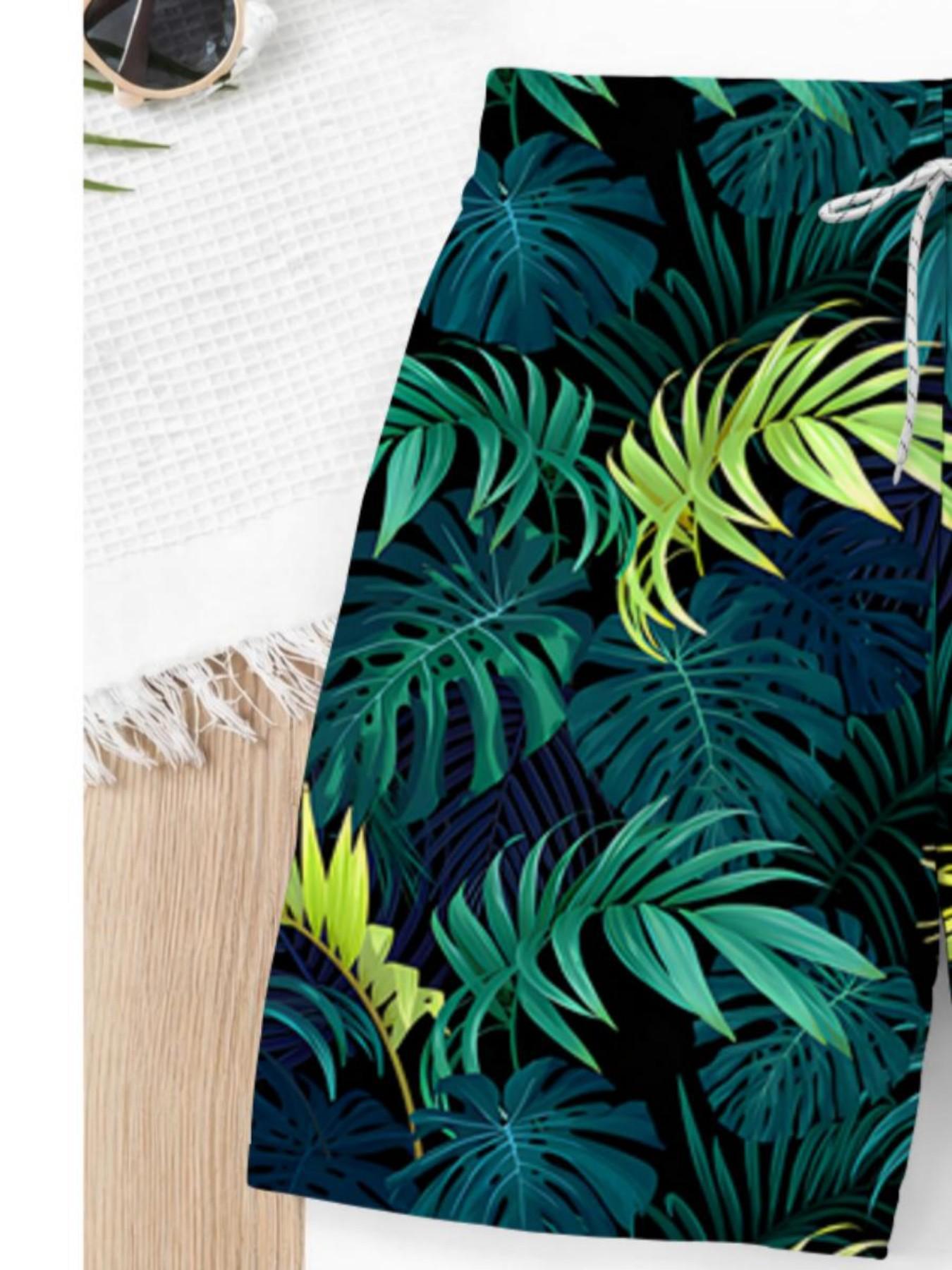 Summer Boys' Tropical Plant Print Drawstring Beach Pants, Loose Fit Short Swim Trunks, Casual Cartoon Pattern, Ideal for Vacation