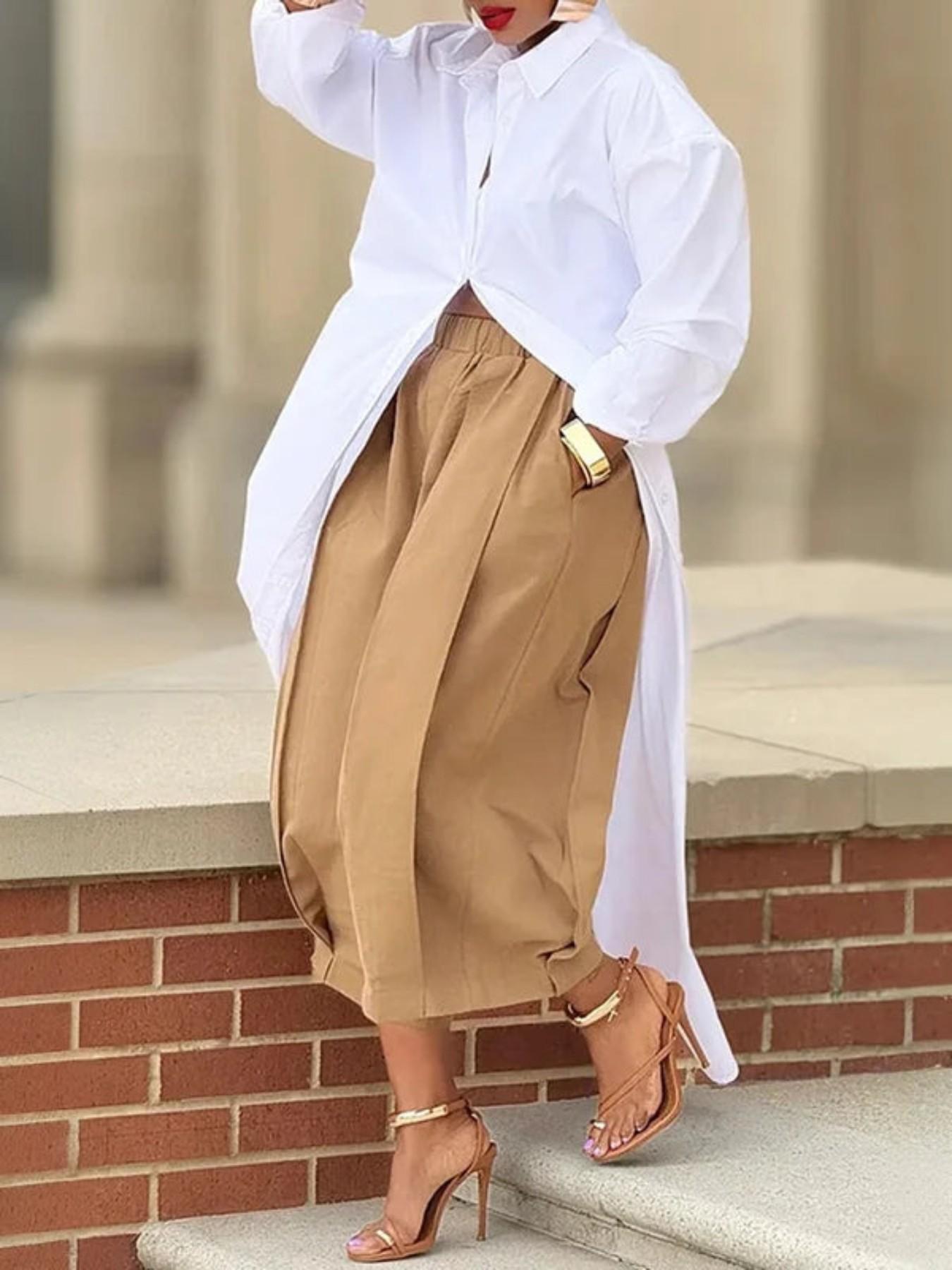 Women's Plus-Size Front‑Pleated Design Cropped Pants, Vertical Pleat Loose Fit Elastic Waist Culottes, Casual Daily Wear, Baggy