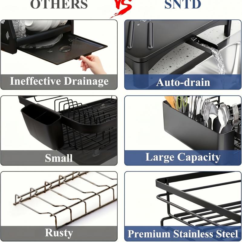 1pc  Large metal drain rack with drain pan, rust proof kitchen storage rack, saving countertop space for utensil storage, black dish rack