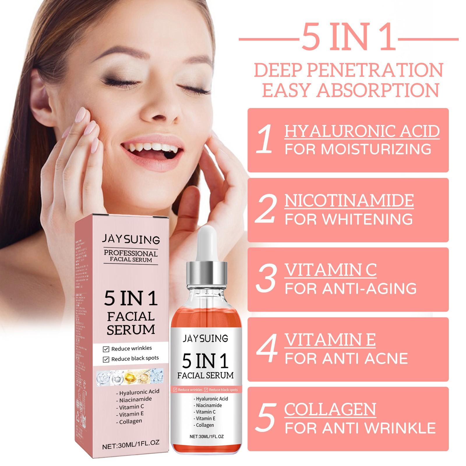 All-in-One 5-in-1 Hydrating Facial Essence, containing collagen, hyaluronic acid, niacinamide, vitamin C and E, suitable for all skin types, fragrance-free facial care.