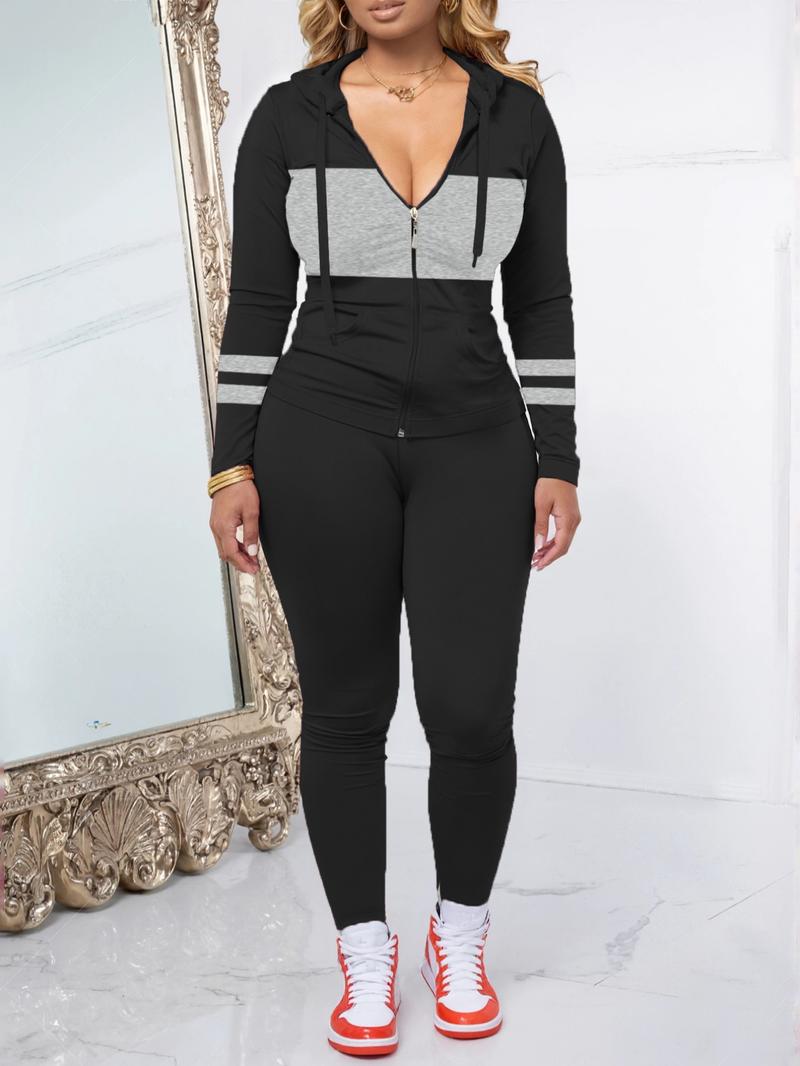 Women's Fall Zipper Hoodie and Skinny Pants Set, Casual Long Sleeve Pullover with Pocket Design, Two-Piece for Daily Wear