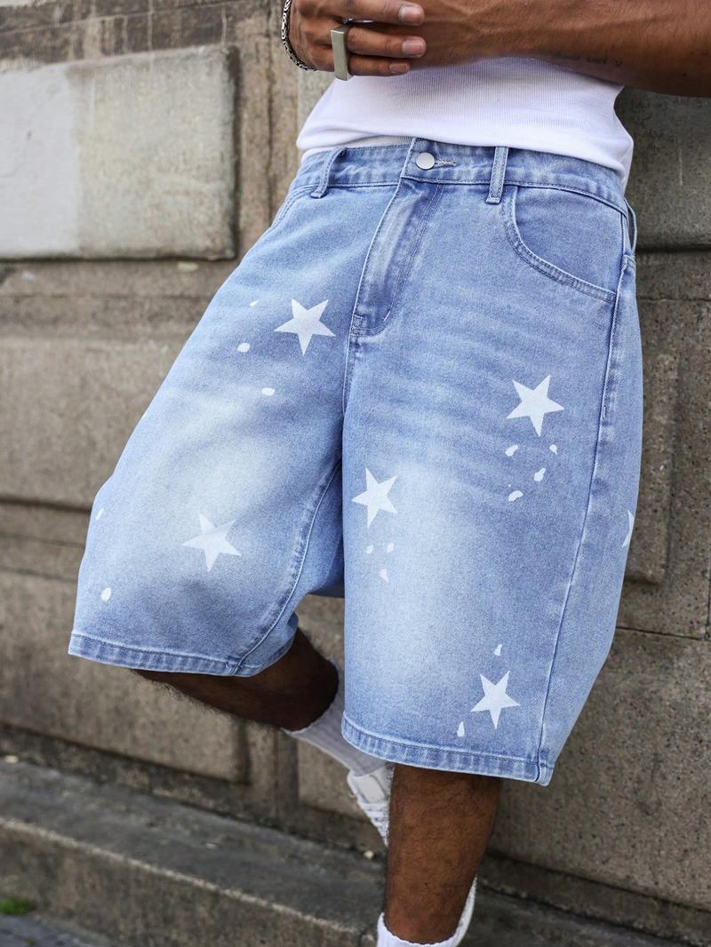 Unisex Star Print Denim Shorts | American High Street Baggy Washed Jorts | Viral TikTok Pick for Street Style, Skate Outings, Y2K Fits, Daily Commute, Music Festivals, Gradient Wash + Star Print + Wide-Leg Fit, TikTok Viral Apparel, Denim Jorts, High Stre