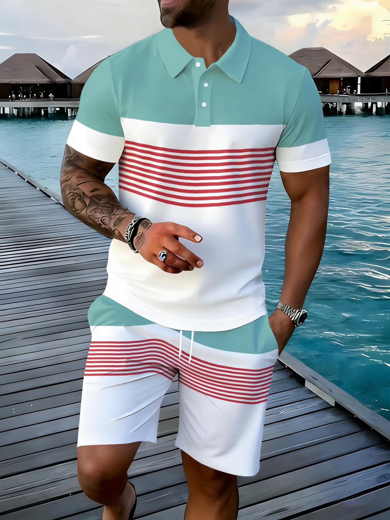 Men's Luxury Striped Polo Shirt Set, Outfit, Clothes, Breathable Fabric, Casual Two-Piece, Menswear, Short Sleeve, Natural Waist, All Seasons, Polyester Shorts Set
