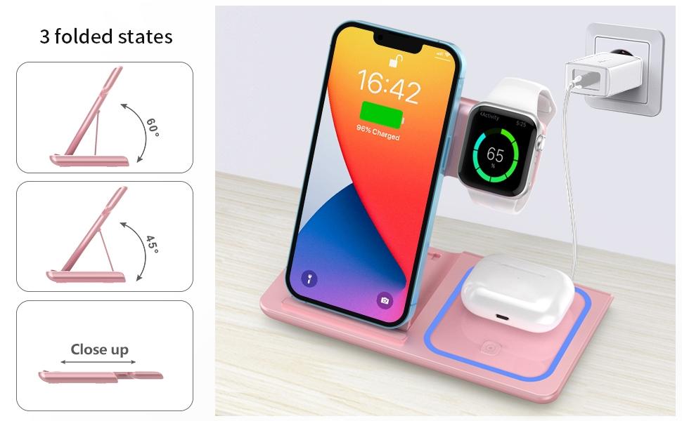 VEEROON 3-in-1 Wireless Charging Station - Multifunctional Fast Charging Magnetic Wireless Charger Stand with Type-C Port - Electronic Fast Charging Station for iPhone, Apple Watch & AirPods