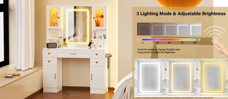 【Valentine's Day gift】Makeup Vanity Mirror with Light, Large Women Vanity Desk with Touch Screen Mirror Lights & Power Outlet, 4 Cabinet, 2 Shelves & 5 Drawers for Bedroom,[Gift Idea]