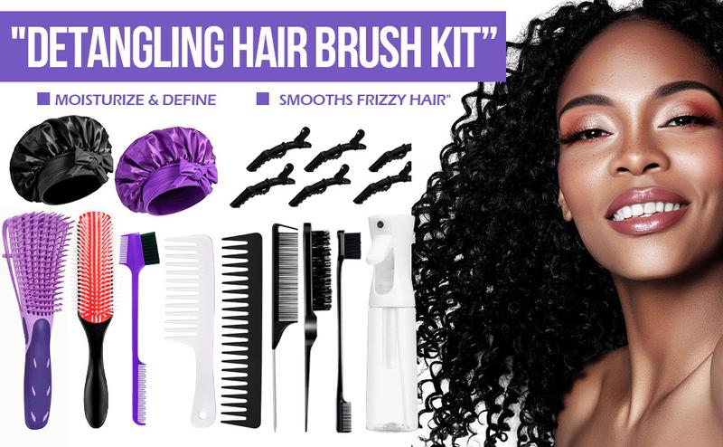 【Valentinesdaygift】17 Counts Hair Brush Set for Women Men Kids Detangler Brush Wide Tooth Comb Nylon Bristle 9-Row Brush Satin Bonnet  Styling Tools Purple Love At First Find