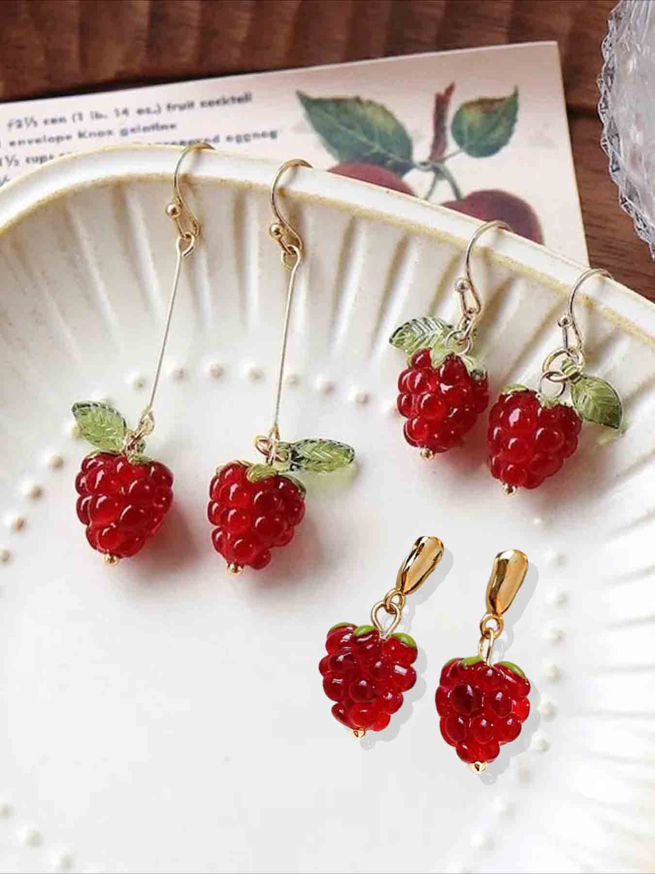 Women's Raspberry Fruit Dangle Earrings Set, Fashionable Sweet Design, Party & Vacation Style, Unique Women's Jewelry Accessories