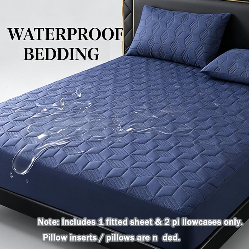 Waterproof Quilted Fitted Sheet Set - 3 Pieces (1 Mattress Cover + 2 Pillowcases), Deep Pocket, Navy Blue