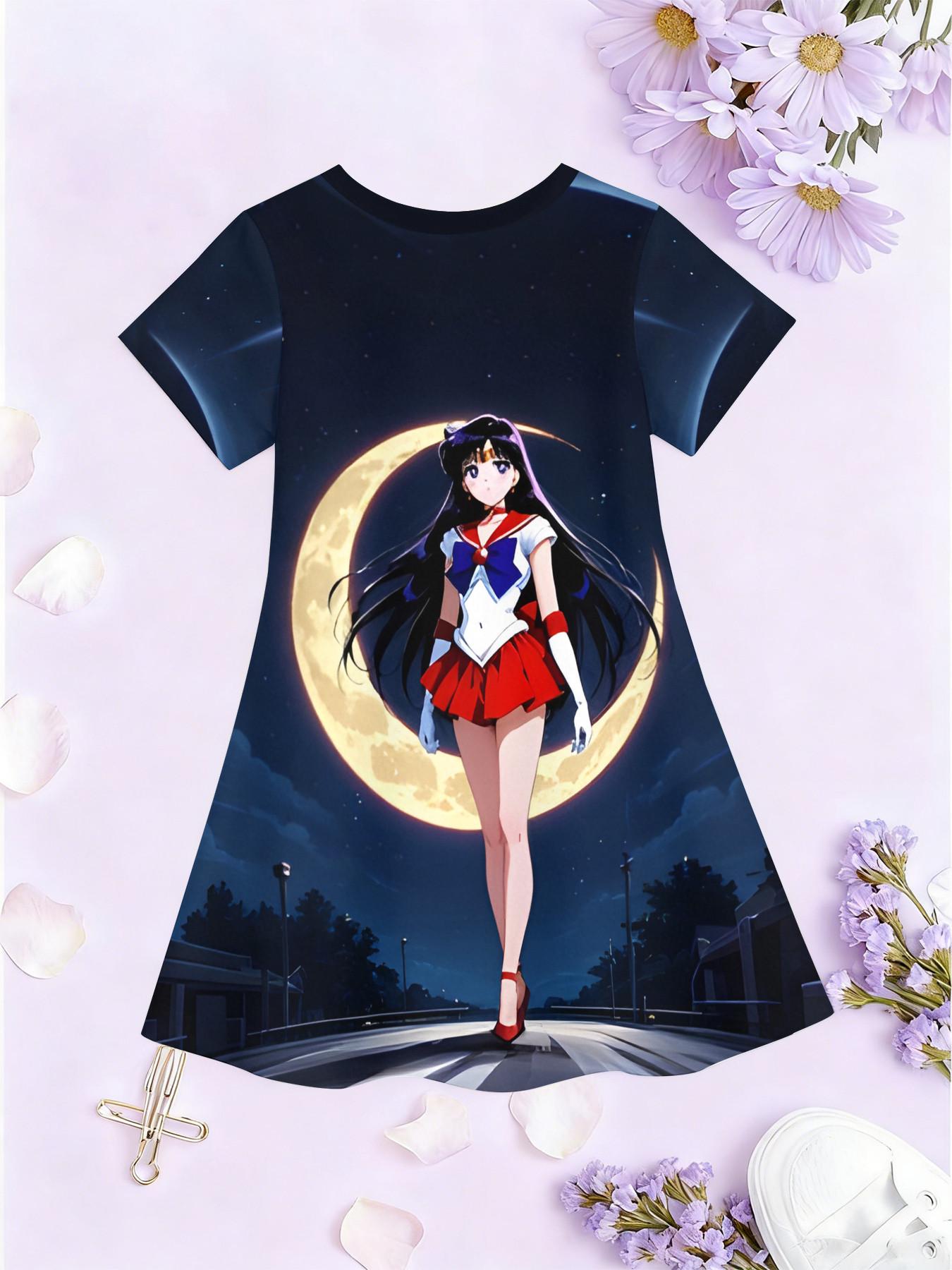 Girls' 3D Short Sleeve Dress, Sailor Moon Mars Full Moon Print, Perfect for Parties, Festive Gifts, Birthday Presents