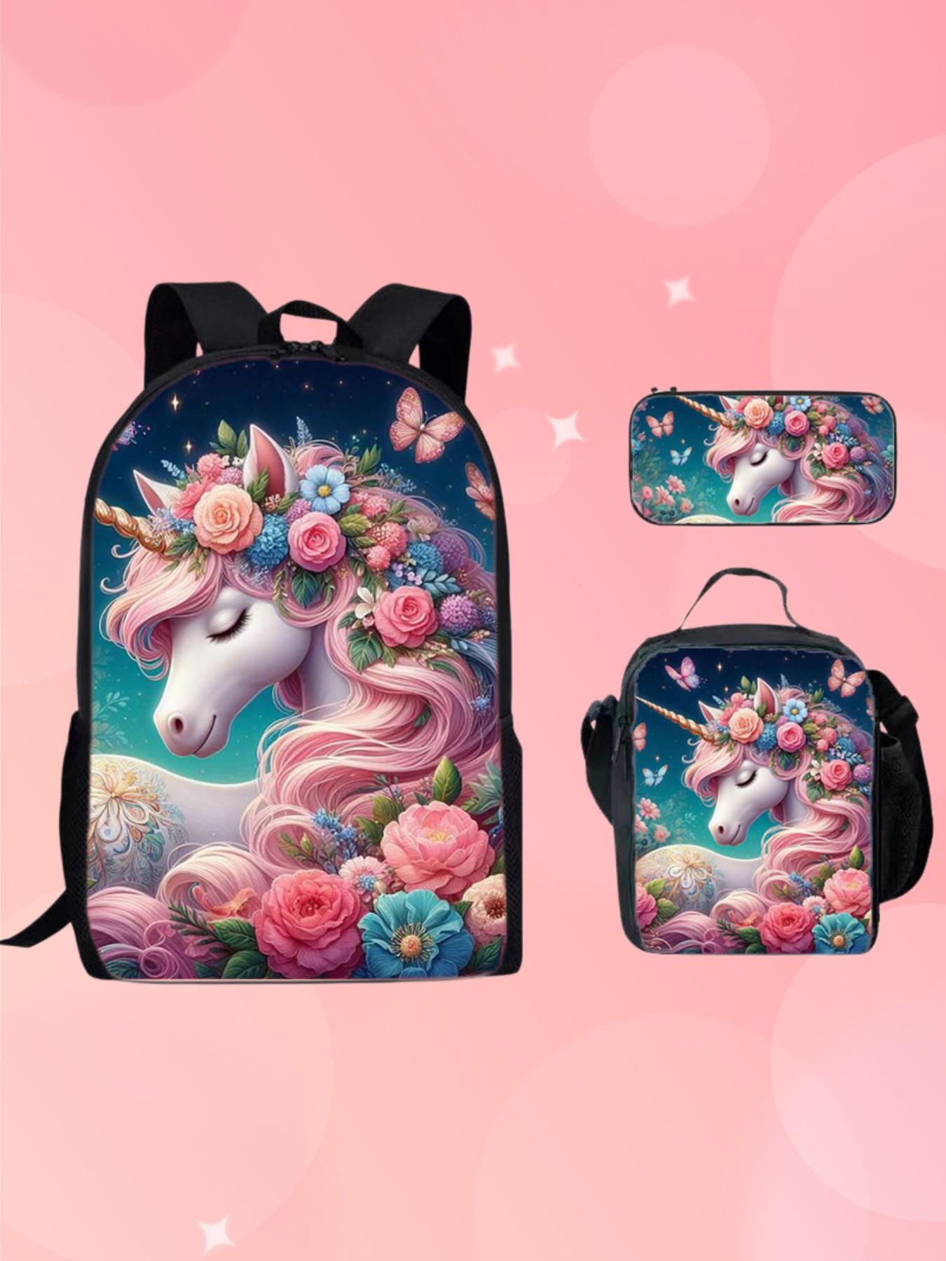 Unicorn Backpack Set for Girls, 3 Piece School Bag with Lunch Box and Pencil Case, Magical Princess Bookbag, Ideal Gift for Back to School