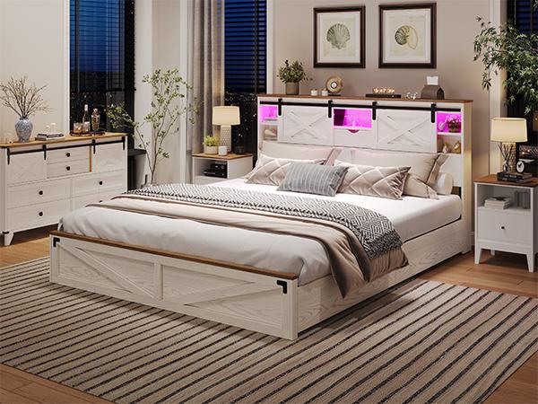 Hasuit Farmhouse Bed Frame California King Size with Storage Bookcase Headboard, Wooden Cal King Bed with LED Lights, Charging Station, 2 Drawers, Country Rustic Bed Frame with Sliding Barn Door