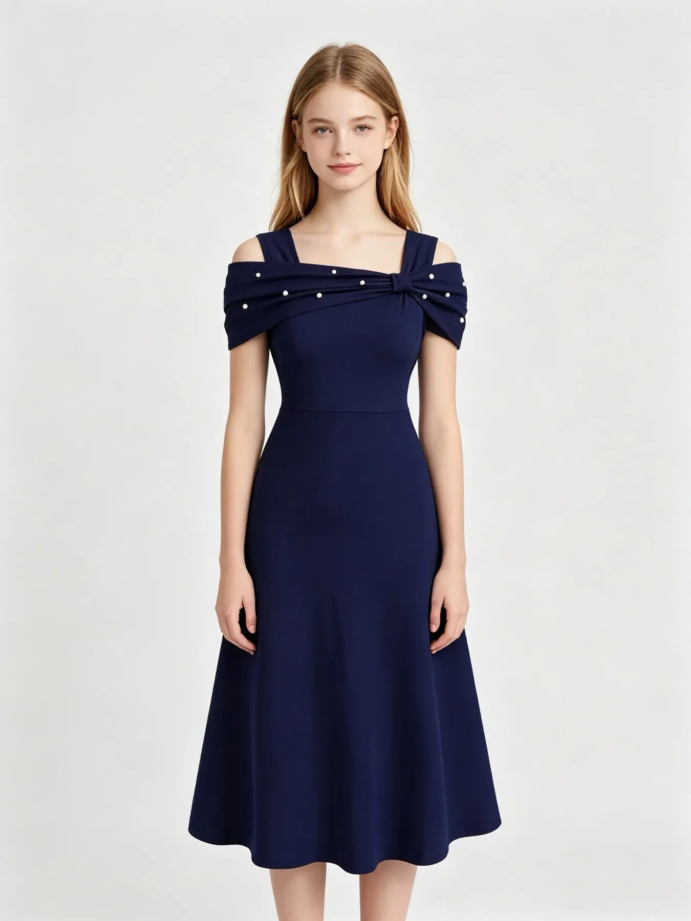 Sleeveless Midi Dress with Bow and Pearl Waist, Slimming and Comfortable, Perfect for Teen Girls' Special Occasions