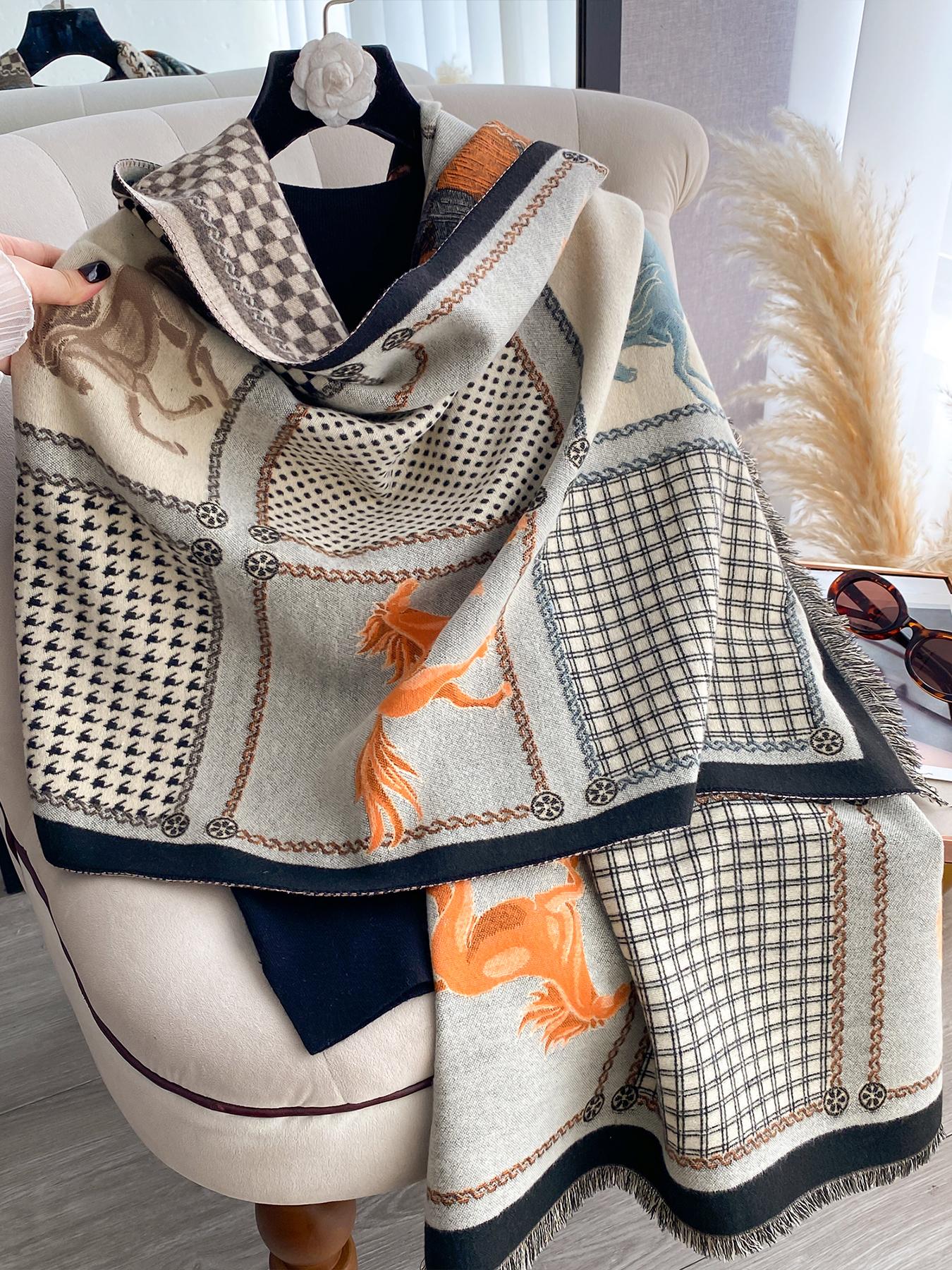 Boho-Style Horse-Pattern Scarf with Fringe-Trim, Casual Soft Warm Shawl for Fall and Winter, Fashion Accessory for Women & Girls