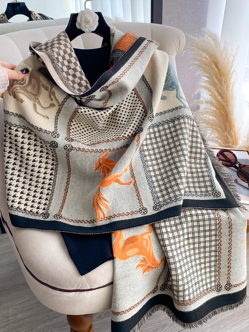 Boho-Style Horse-Pattern Scarf with Fringe-Trim, Casual Soft Warm Shawl for Fall and Winter, Fashion Accessory for Women & Girls
