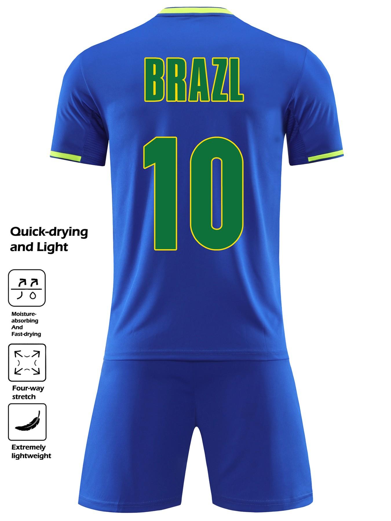 Brazilian Style Football Jersey Set, Unisex Quick-Dry Soccer #10, Moisture-Wicking Sportswear for Training, Activities, Casual Wear