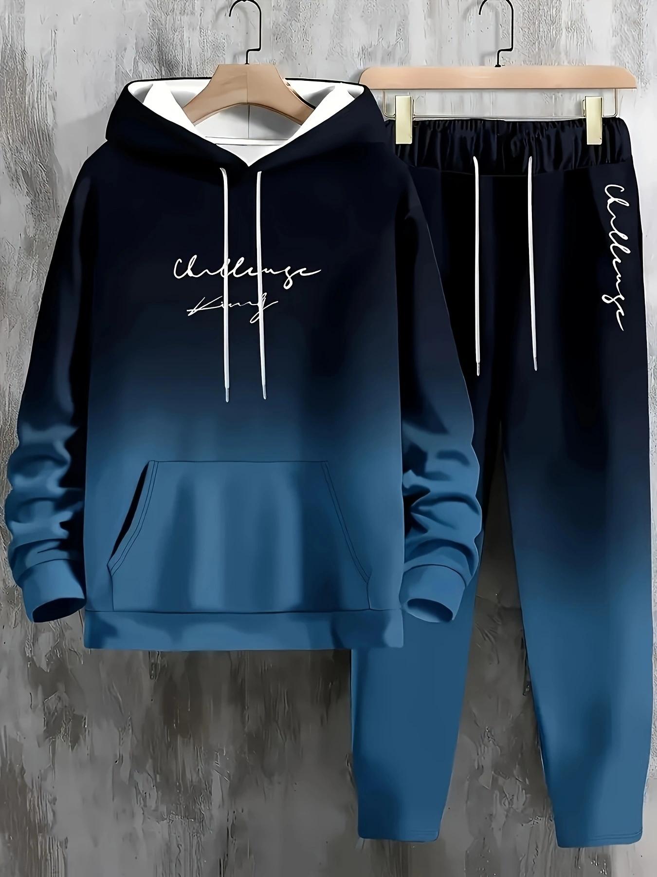 2-pack Men's Casual Suit, Gradient Blue and Black, Letter Print Hoodie and Sweatpants, Autumn and Winter Fashion